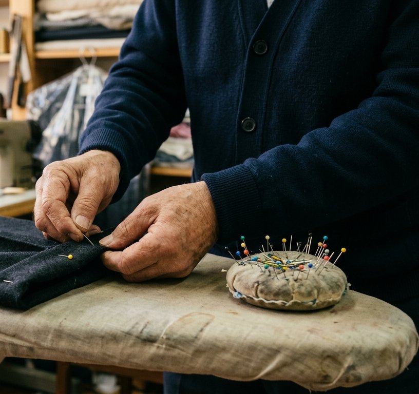 Illustration: a tailor's hands pinning the hem of dark wool trousers on an ironing board, a pin cushion beside