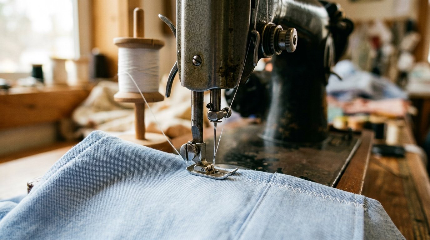 Illustration: a sewing machine needle stitching a pale blue shirt cuff, a thread spool behind
