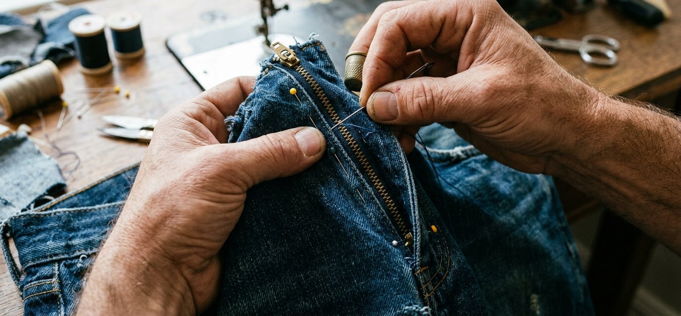 Illustration: hands hand-stitching a zipper into jeans with a thimble, a sewing machine behind