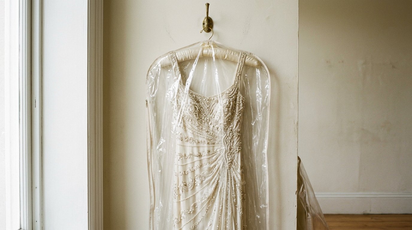 Illustration: a beaded ivory gown hanging in a clear garment bag on a wall hook