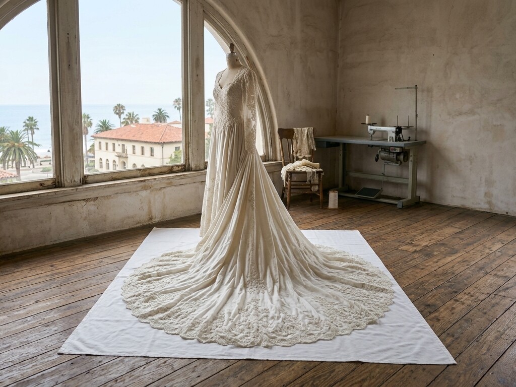 Illustration: an ivory wedding gown on a dress form with its lace train spread on a white sheet
