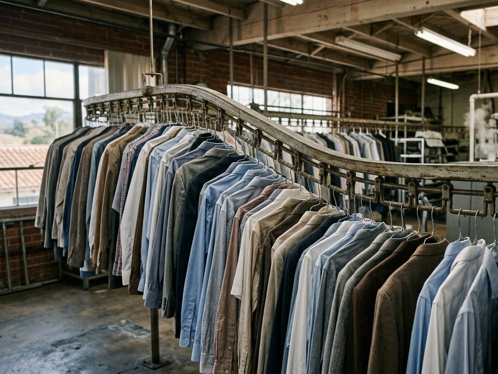 Illustration: pressed shirts and jackets on wire hangers along a dry cleaning conveyor rail