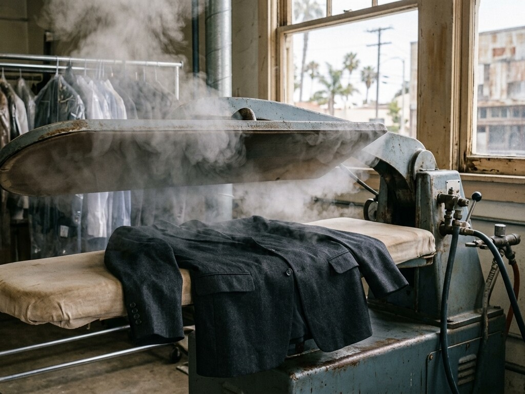 Illustration: a dark wool jacket on a steam press with steam rising
