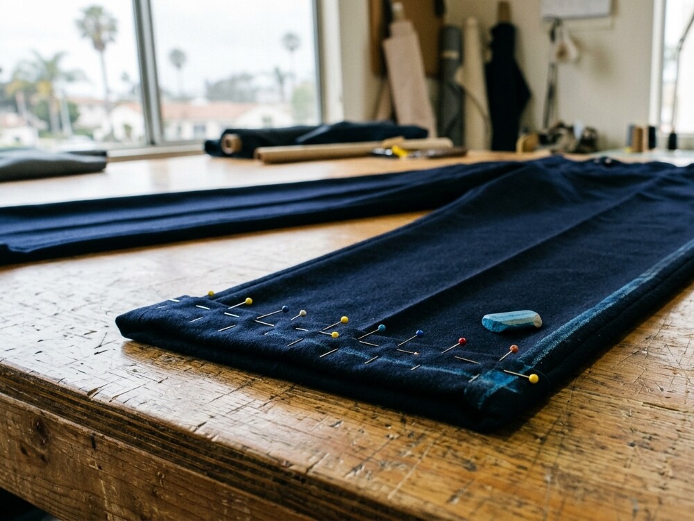 Illustration: a navy trouser hem pinned with colored pins and marked with tailor's chalk