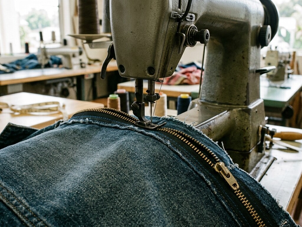 Illustration: a sewing machine stitching a new metal zipper into a denim jacket
