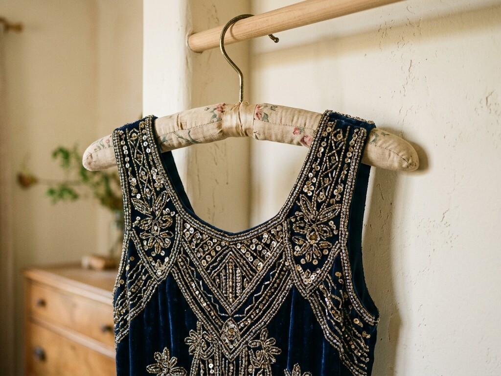 Illustration: a vintage beaded velvet dress on a padded floral hanger